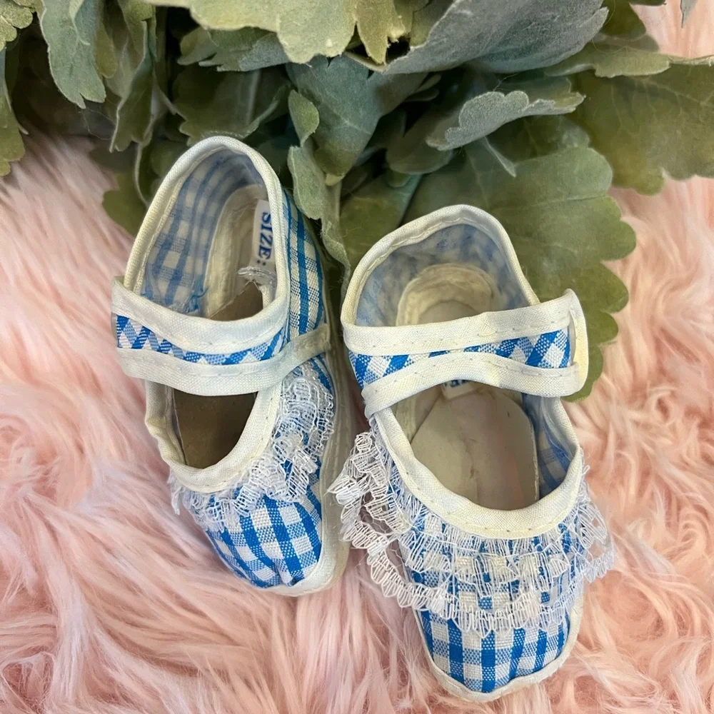Vintage Baby Girl White‎ Blue Gingham Lace Trim Mary Jane Crib Shoes Infant Sz 1